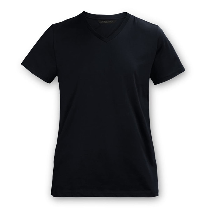 A navy women's T-shirt with a V-neck and short sleeves, featuring a branding logo.