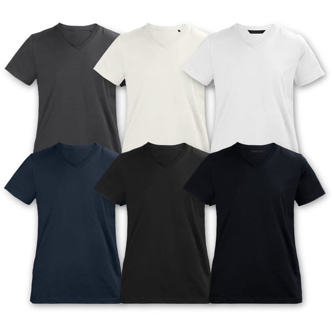 A collection of TRENDSWEAR Viva Women's T-Shirts in grey, white, navy, and black, featuring V-neck designs.