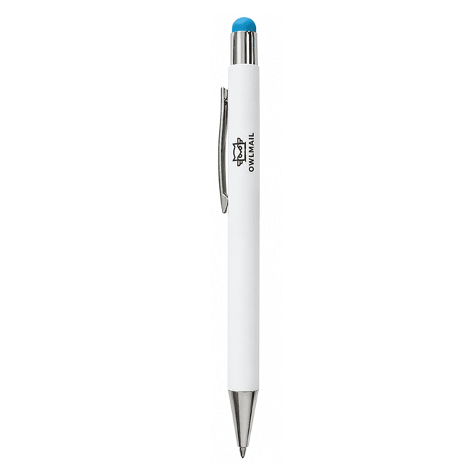 A white pen with a blue top and a silver clip, featuring a logo on the body.
