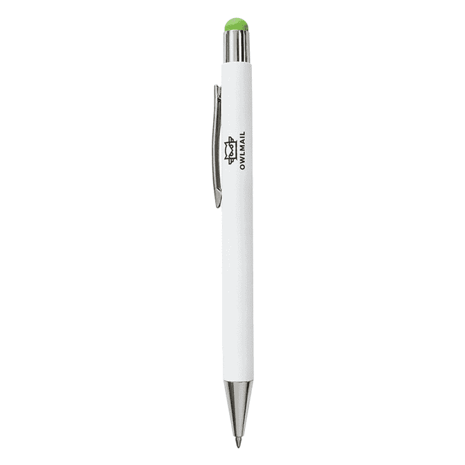 A white pen with a chrome clip and a green rubber tip, featuring a logo on the barrel.