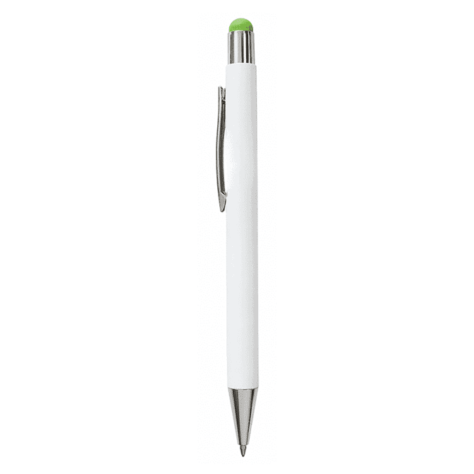 A white pen with a silver clip and a green top, featuring a logo on the body.