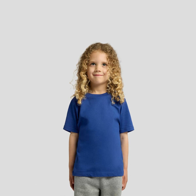 A blue kids' T-shirt featuring short sleeves and a simple design, paired with grey shorts.