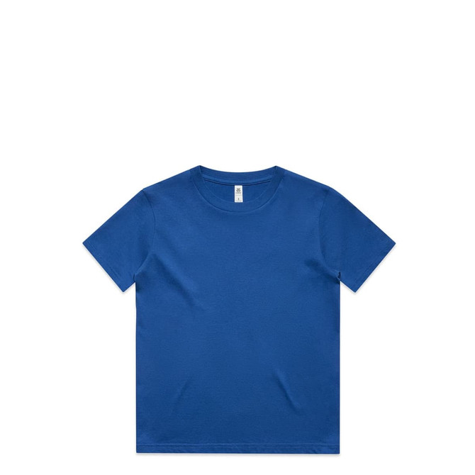 A blue kids' t-shirt with a round neck and short sleeves, featuring a logo on the tag.