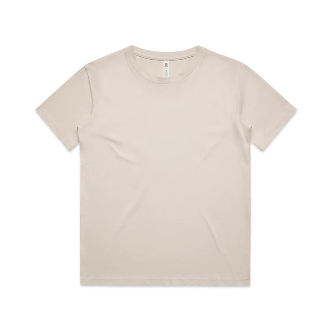 A beige kids' T-shirt featuring a simple design. It includes a brand logo tag on the inside.