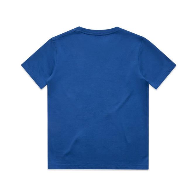 A blue kids' t-shirt featuring a simple design and a logo. The back view is displayed.