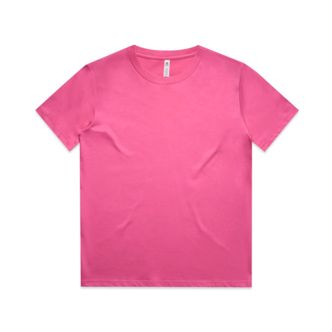 A pink kids' T-shirt with a classic crew neckline and short sleeves. It features a logo on the label.