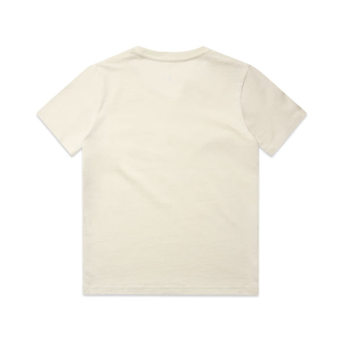 A cream-coloured children's t-shirt with a plain back, featuring a logo. Suitable for casual wear.