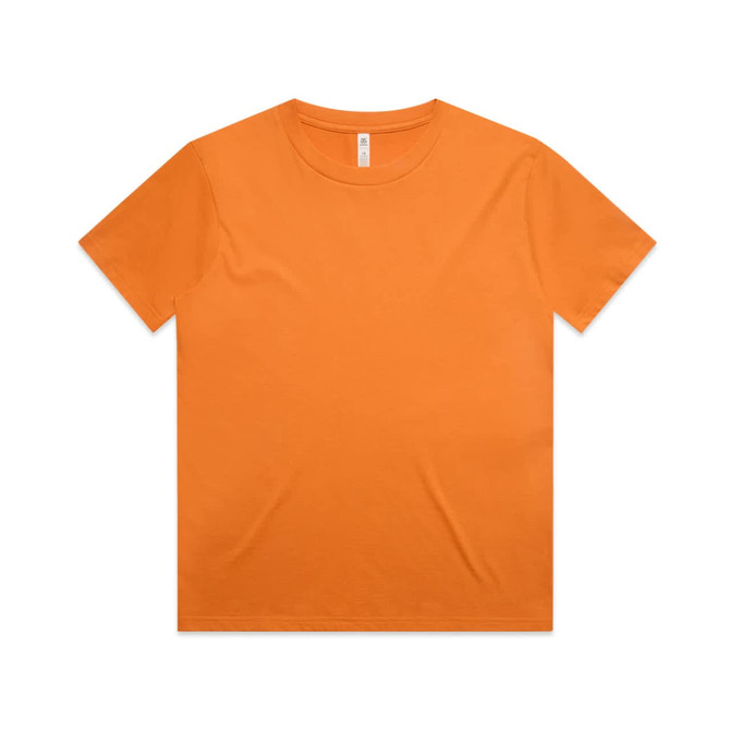 An orange kids' T-shirt with a round neckline and short sleeves, featuring a logo on the label.