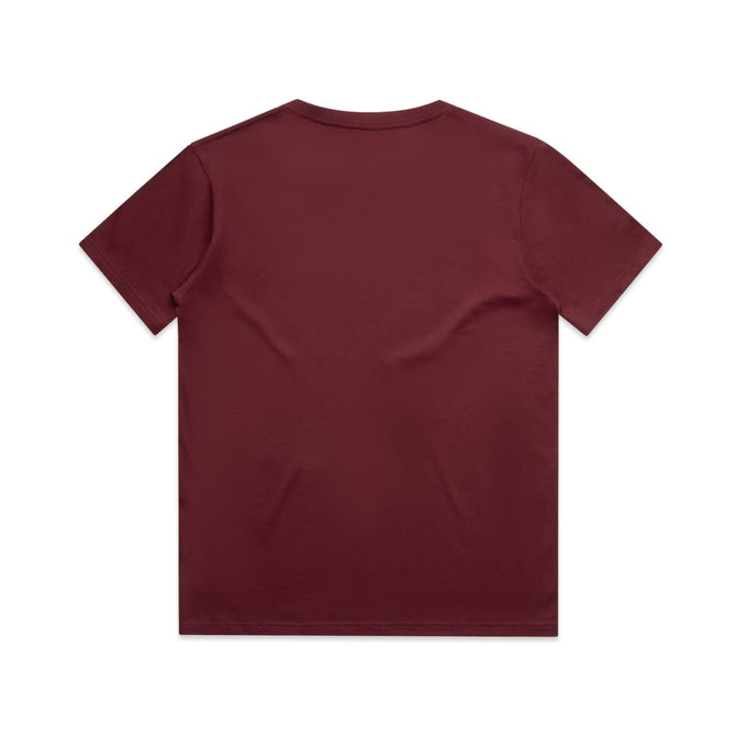 A maroon kids' t-shirt with short sleeves and a plain back, featuring a logo on the front.
