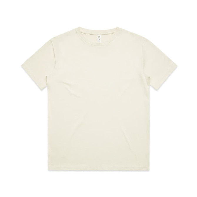 A plain cream T-shirt with a round neck and short sleeves, featuring a small logo on the label.