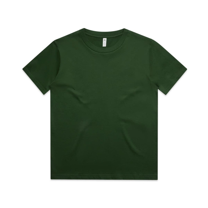 A dark green youth T-shirt featuring a basic crew neckline and short sleeves. It has a logo on the label inside.