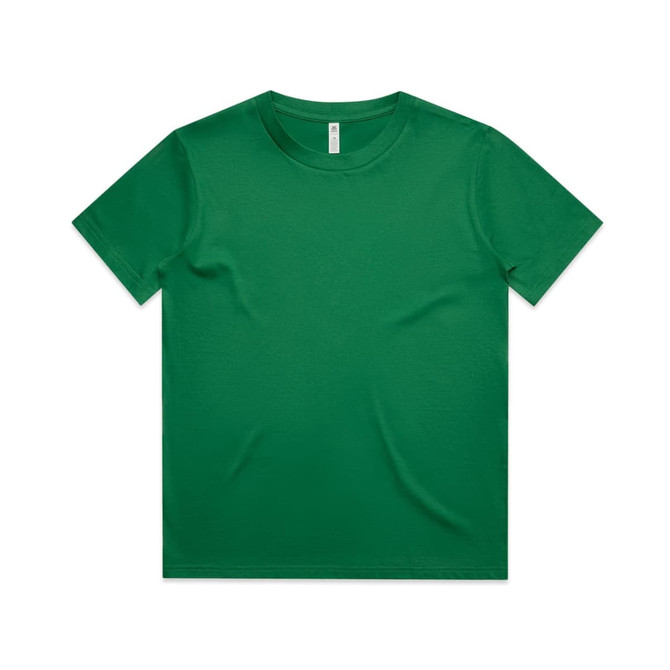 A green youth t-shirt displayed flat, featuring a simple design and a logo on the label.