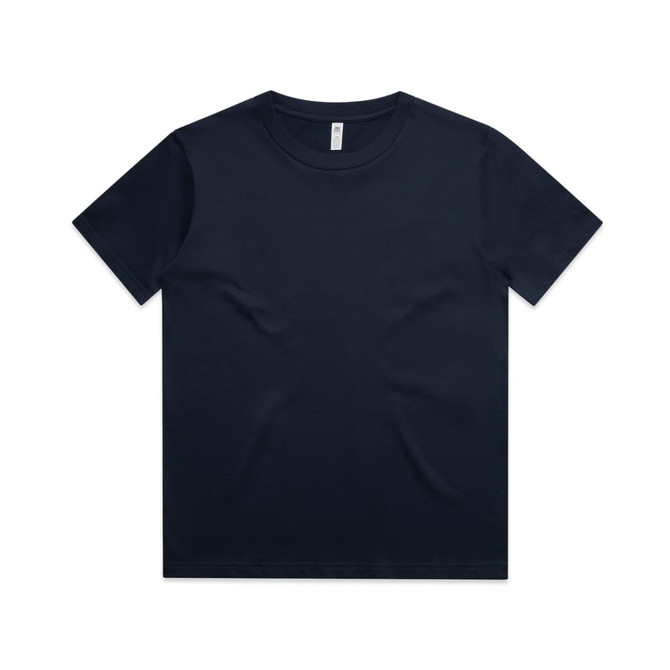 A navy blue youth t-shirt with a classic crew neck and short sleeves, featuring a logo.