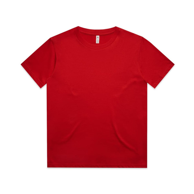 A red kids' T-shirt with a round neckline and short sleeves. It has a simple design and includes a logo.
