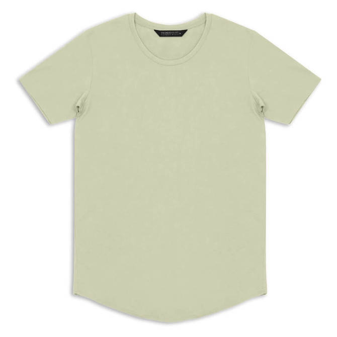 A light green men's T-shirt with a round neckline and short sleeves. It features a branded label.