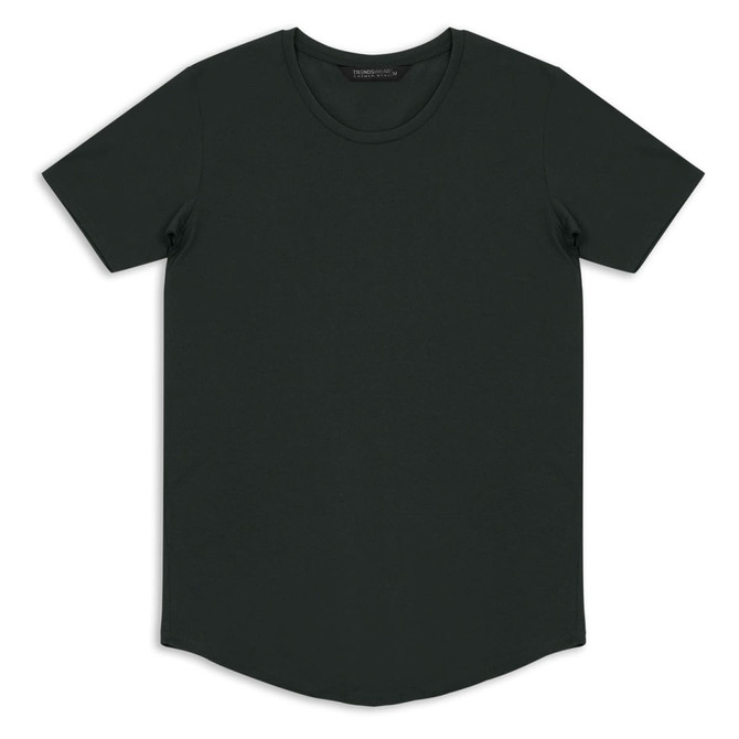 A dark green men's t-shirt with a round neckline and short sleeves, featuring a logo.