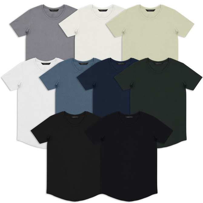 A collection of men's T-shirts in various colours including grey, white, blue, navy, green, and black, arranged in a grid.