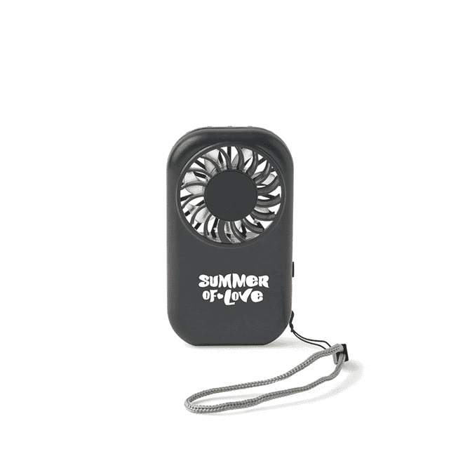 A black mini pocket fan with a circular grille and a wrist strap. It features a logo on the front.