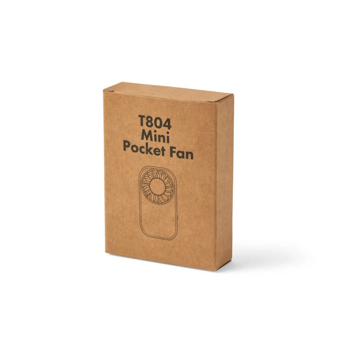 A cardboard box containing a mini pocket fan, featuring a simple design and a fan illustration on the front.