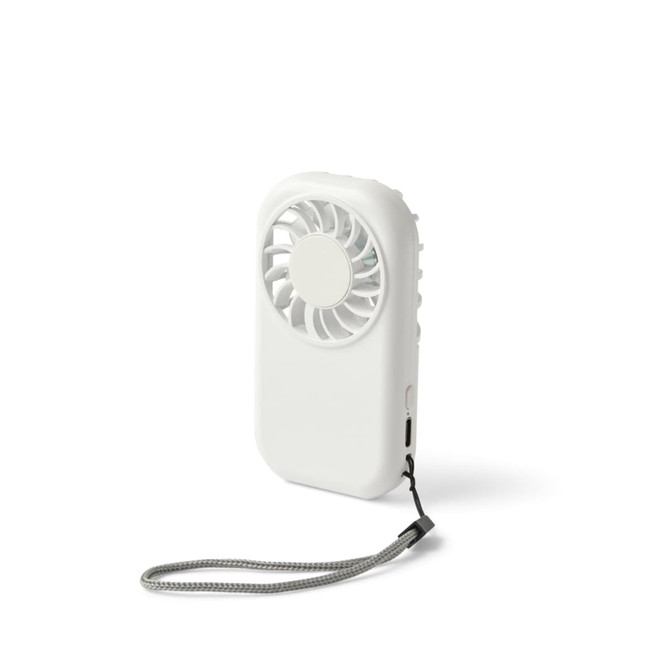 A white mini pocket fan with a grey wrist strap. The fan features a circular grille for airflow.