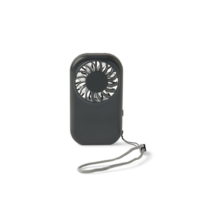 A compact grey mini pocket fan with a circular blade and a wrist strap for easy carrying. It has a logo visible.
