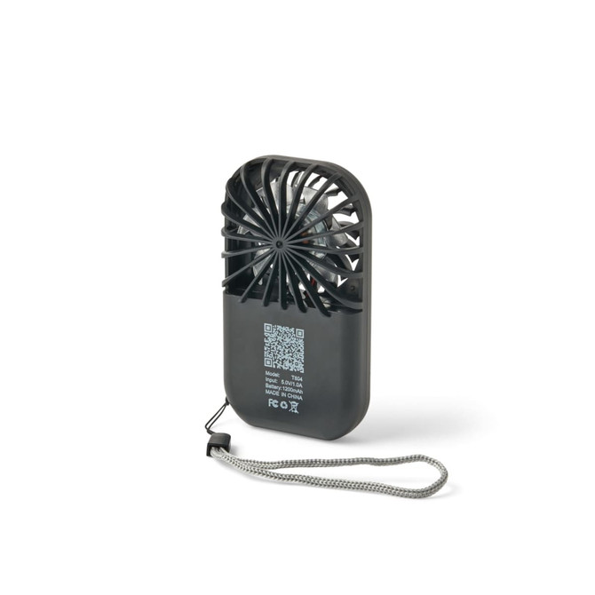 A black mini pocket fan featuring a prominent fan blade design and a detachable strap for easy carrying.