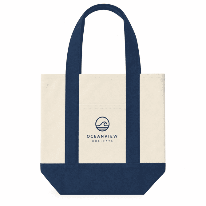 A mini canvas tote in cream and navy blue, featuring a logo on the front and sturdy handles.