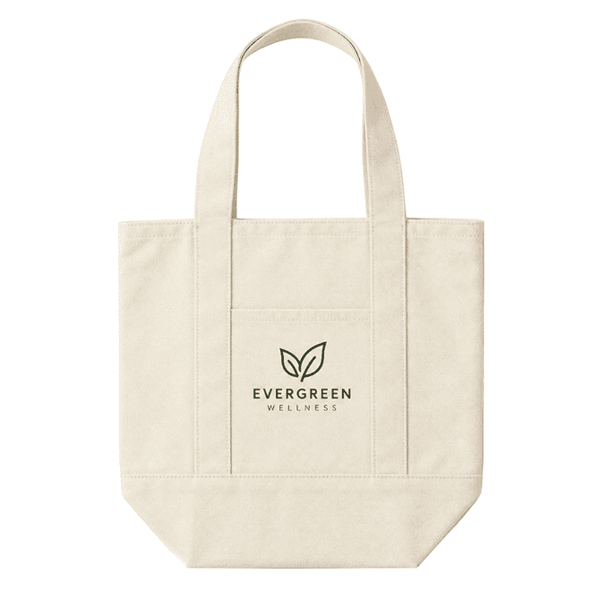 A cream-coloured mini canvas tote with two handles and a front pocket. It features a logo on the front.
