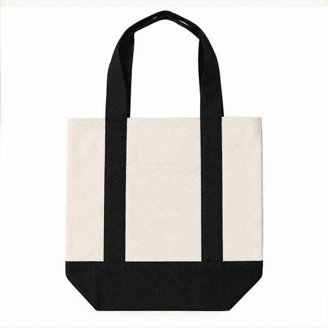 A mini canvas tote in cream with black straps and a reinforced bottom, featuring a logo.