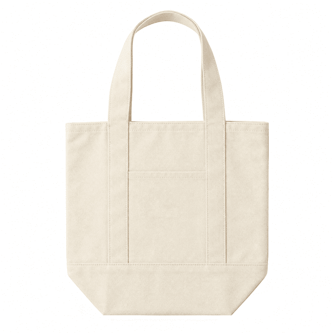 A mini canvas tote in a cream colour with two sturdy handles and a front pocket. It features a logo.