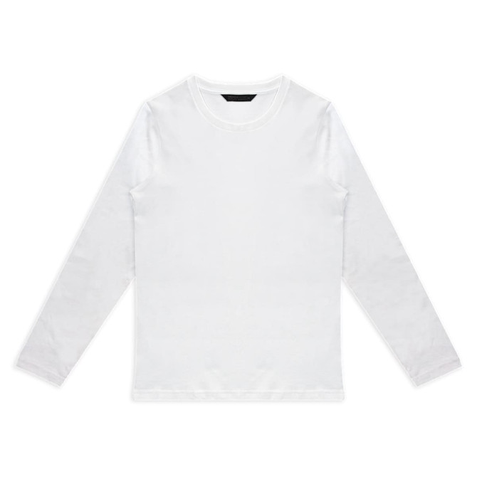 A long-sleeve white crew shirt with a simple design and a logo on the label.
