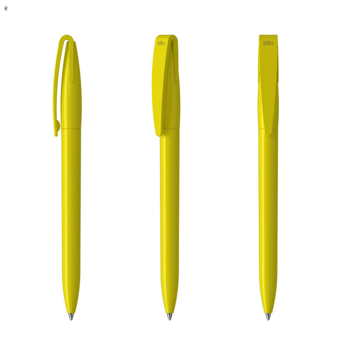 A set of three bright yellow plastic pens with clips and a sleek design, featuring a logo on each pen.