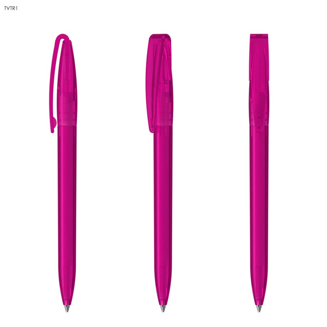Three plastic pens in a vibrant pink colour, featuring transparent barrels and matching clips. Branding is present on the design.