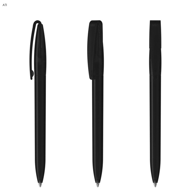 A set of black plastic pens displayed from different angles, featuring clips and smooth designs.
