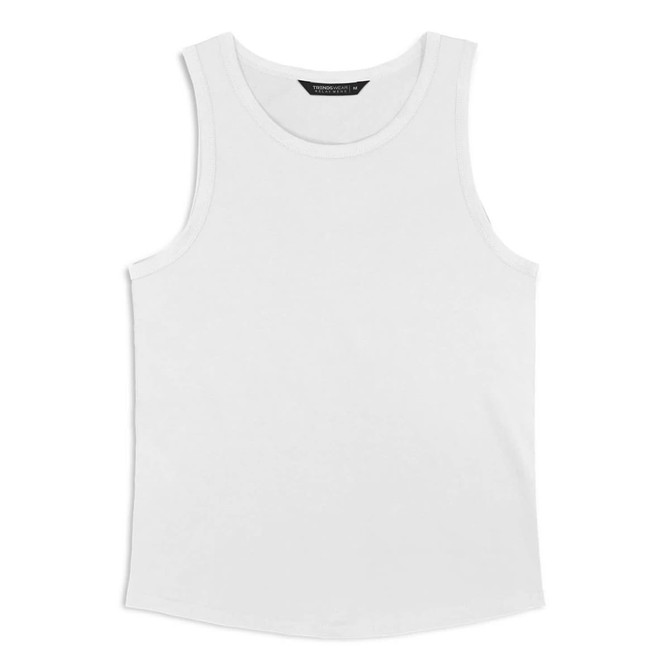 A white men's tank top featuring a simple design and a logo on the label.