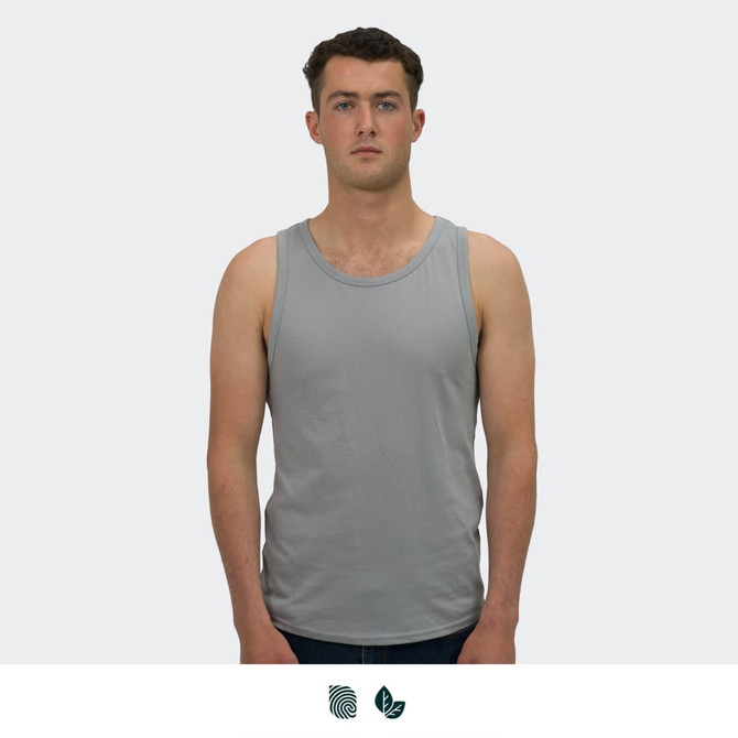 A grey men's tank top displayed on a model, featuring a simple design and a logo on the garment.