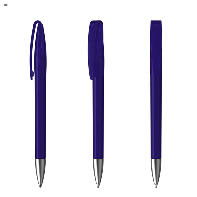 A purple plastic pen with a silver tip and a clip, featuring a simple design and a branding logo.
