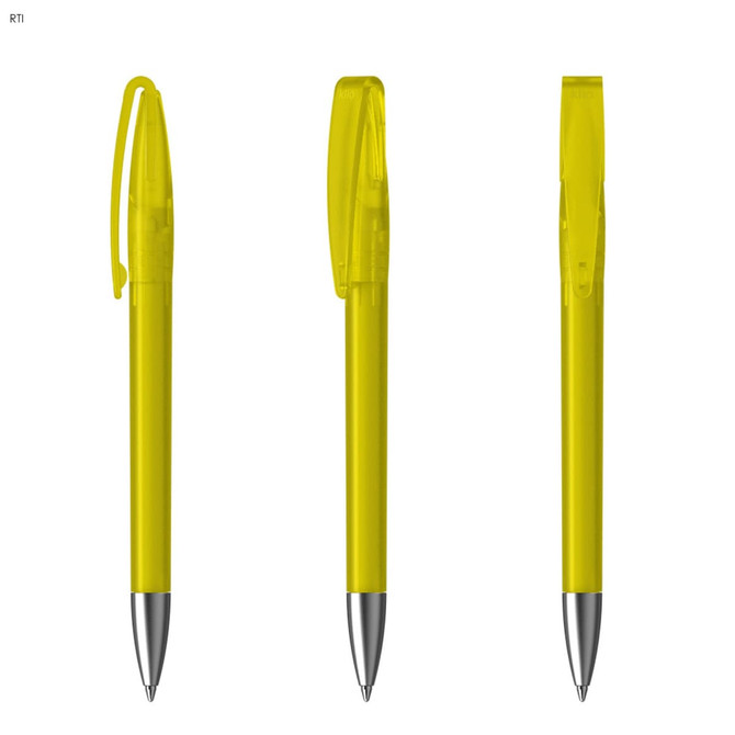 A set of three yellow plastic pens with transparent clips and silver tips, featuring a logo.