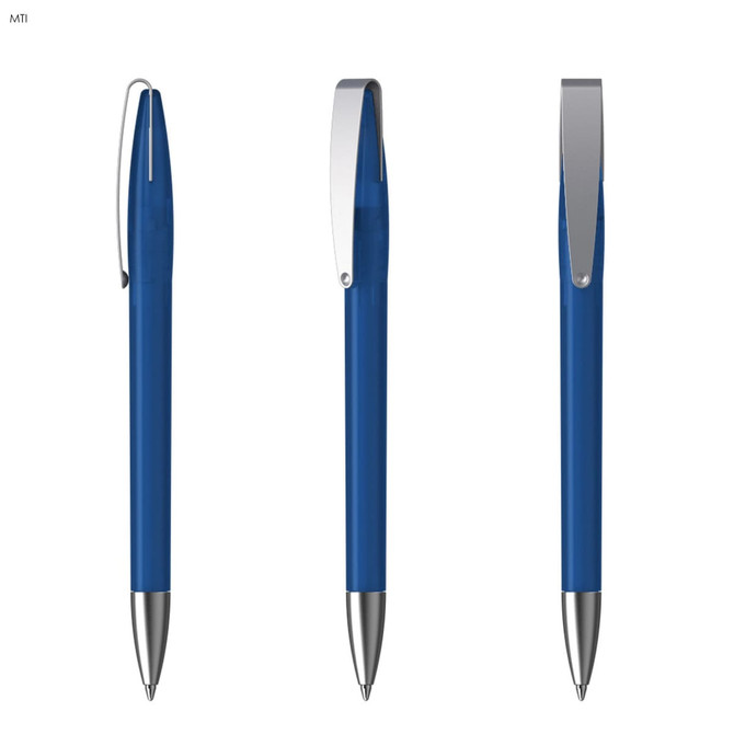 A metal pen in blue with a silver clip and a polished tip, displayed from multiple angles.