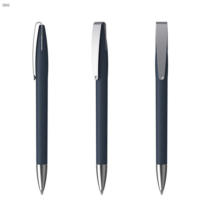 A set of three metal pens with a soft grip in navy blue and silver accents, featuring a logo on the barrel.