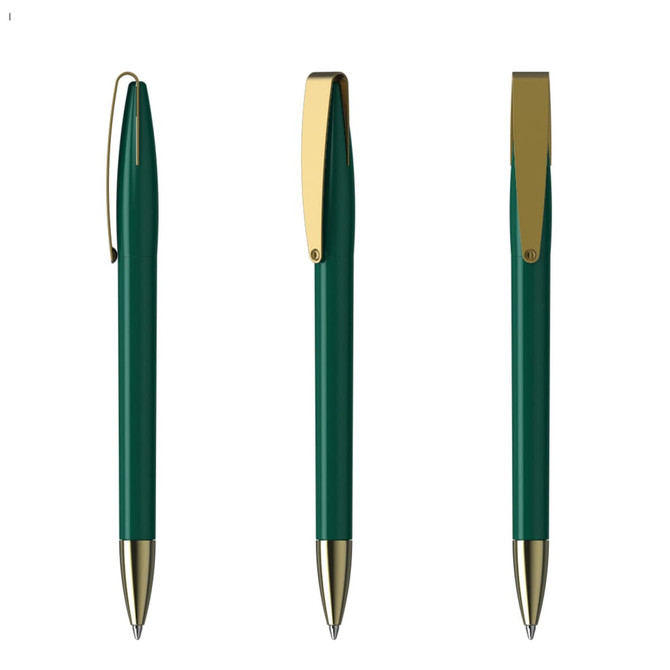 A metal pen in green with gold accents, featuring a sleek design and a clip. It has a logo on the barrel.