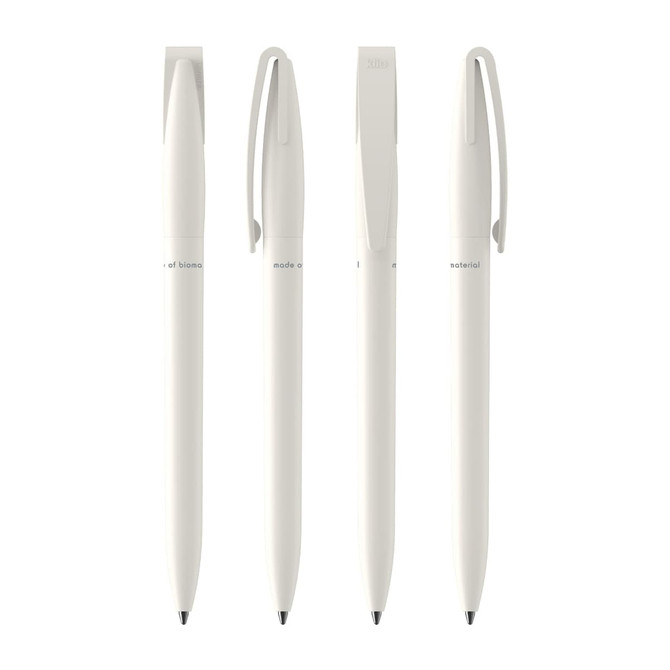 A set of four white plastic pens with clips, featuring a simple design and branding.