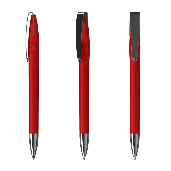 A red metal pen with a glossy finish and silver accents, featuring a clip and twist mechanism.