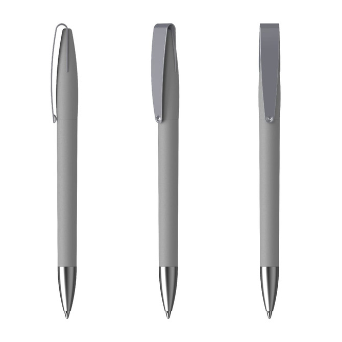 A set of grey plastic pens with soft grips, featuring silver accents and clips, displayed from different angles.