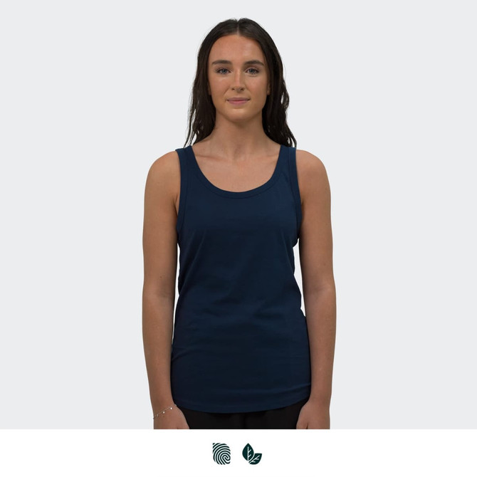 A navy blue women's tank top with thin straps and a fitted design, displayed on a model.