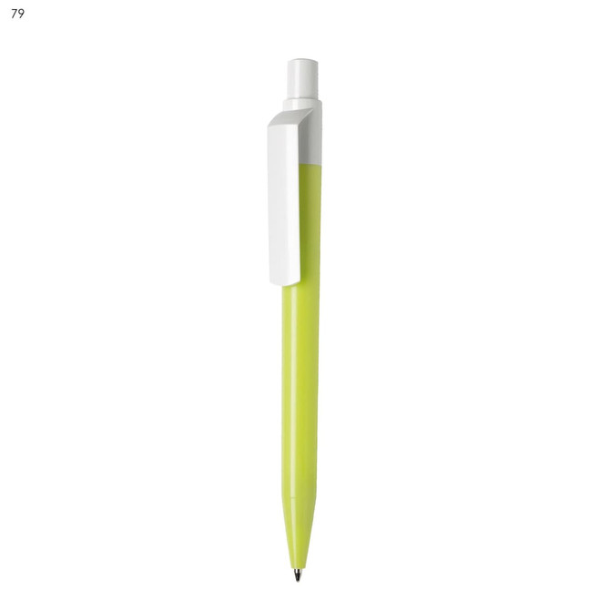 A plastic pen in bright yellow with a white clip and detailing, featuring a logo.