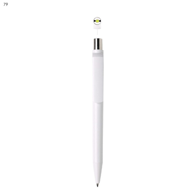 A white plastic pen with a silver clip and a circular design on top. It features a logo.