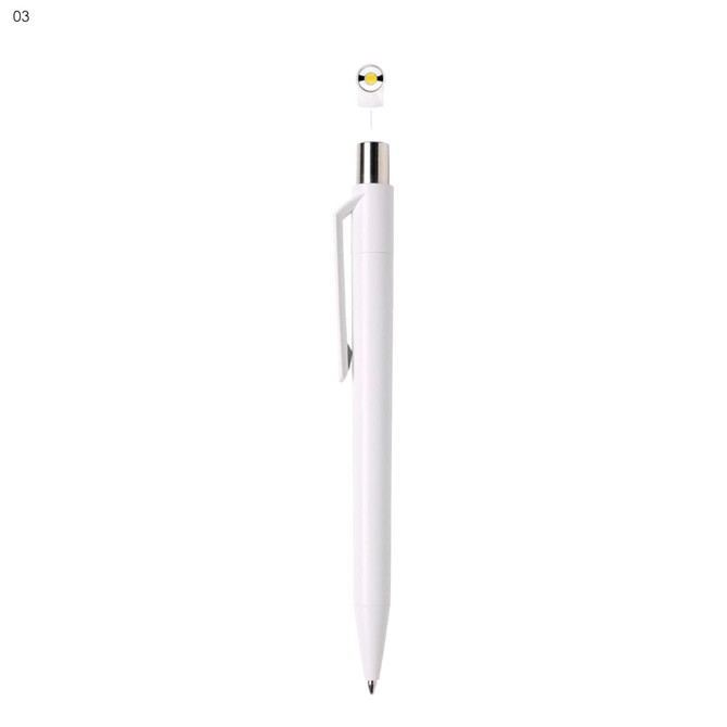 A white plastic pen with a silver clip, featuring a twist mechanism and a circular top piece.