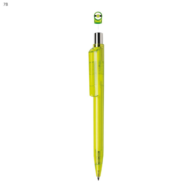A bright yellow plastic pen with a translucent yellow clip and a silver accent. It features a logo at the top.
