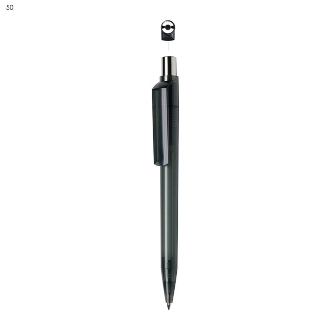 A plastic pen in dark grey with a clip and a circular top, featuring a branding logo.